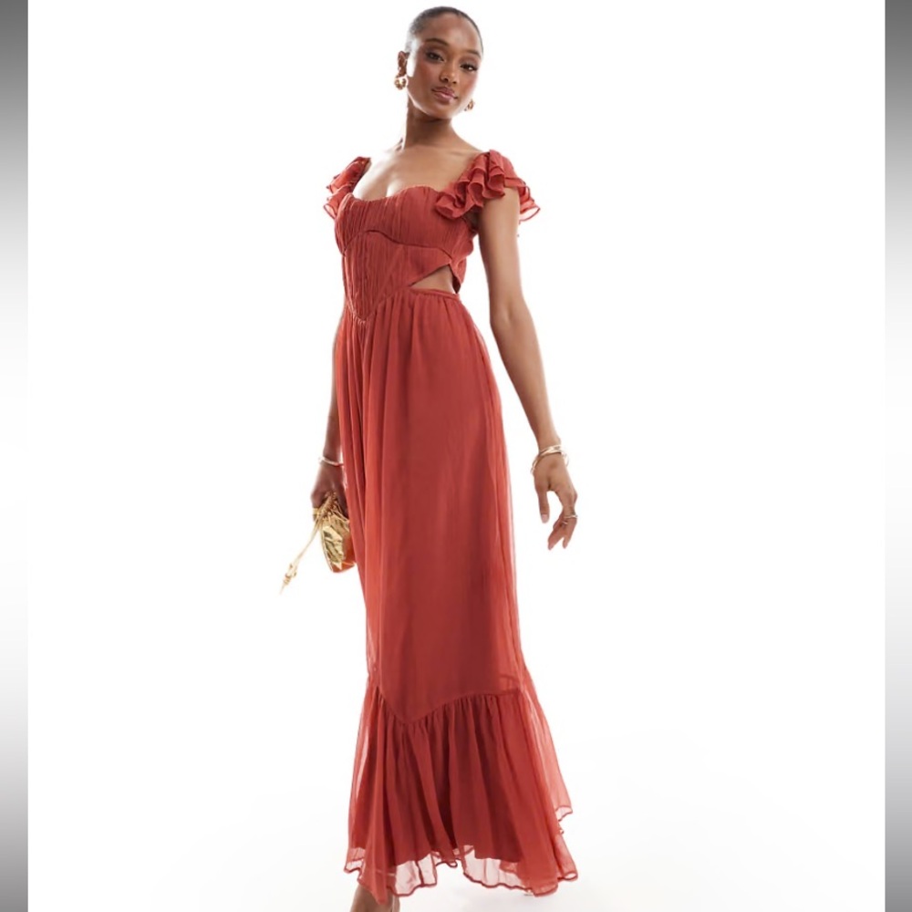 NWT ASOS DESIGN Tall flutter sleeve corset cut out midi skater dress in rose
